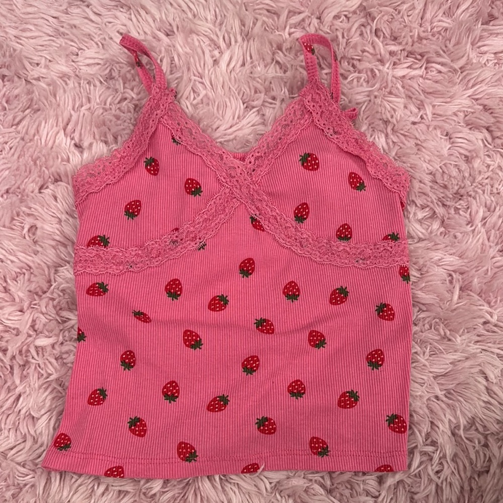Pink Strawberry Print Lace Trim Cami Top